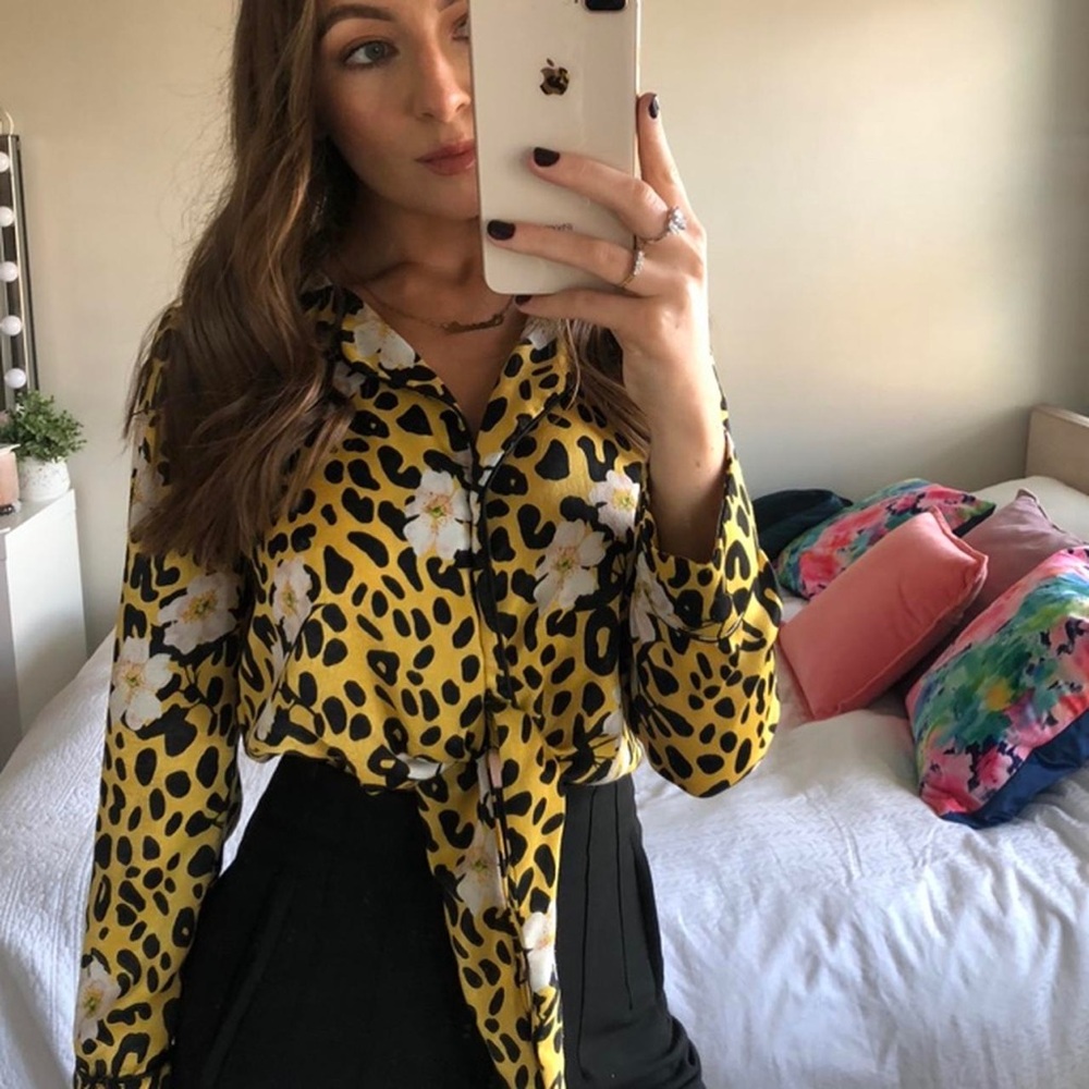 Topshop Yellow and Black Floral Leopard Blouse